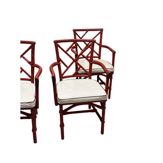 Mid-Century Red Rattan Chairs With White Vinyl Cushions - Set of 4 | IdleHour