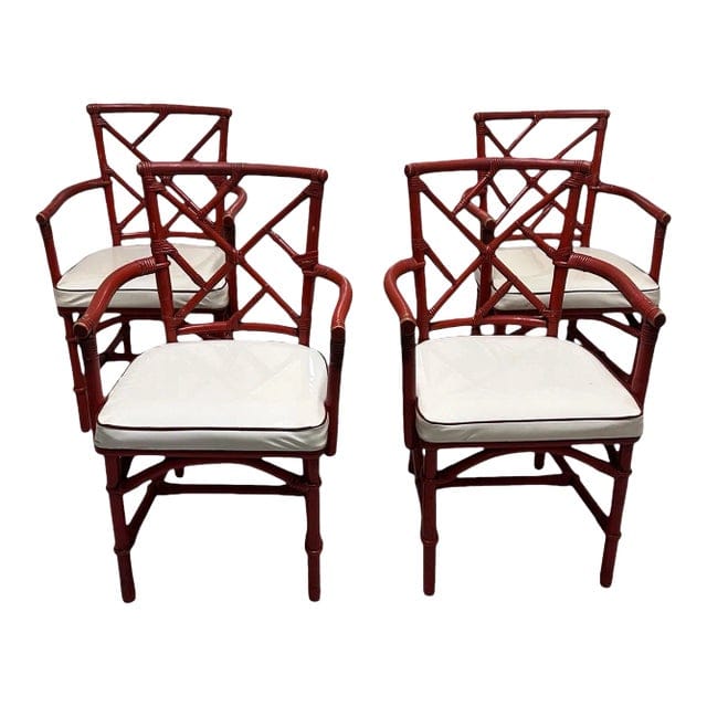 Mid-Century Red Rattan Chairs With White Vinyl Cushions - Set of 4 | IdleHour