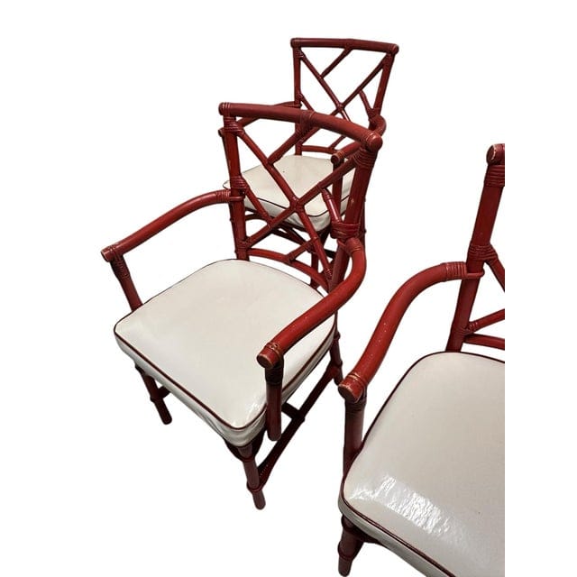 Mid-Century Red Rattan Chairs With White Vinyl Cushions - Set of 4 | IdleHour