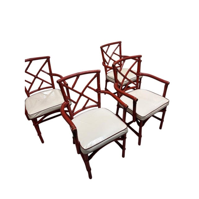 Mid-Century Red Rattan Chairs With White Vinyl Cushions - Set of 4 | IdleHour