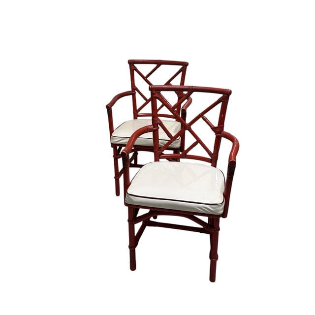 Mid-Century Red Rattan Chairs With White Vinyl Cushions - Set of 4 | IdleHour