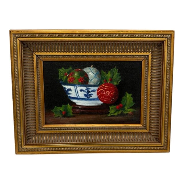 Original Christopher McCall Blue and White Holiday Oil Painting in Gilded Frame | IdleHour