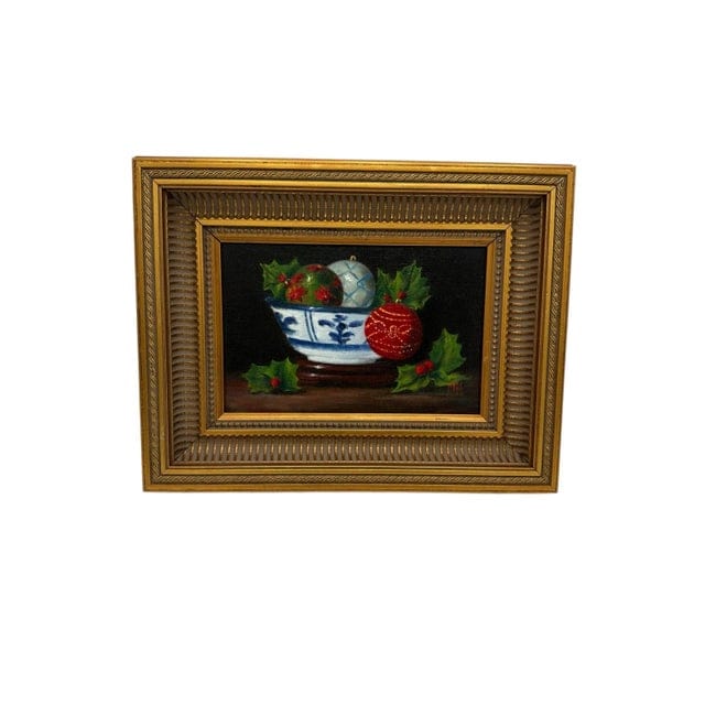 Original Christopher McCall Blue and White Holiday Oil Painting in Gilded Frame | IdleHour