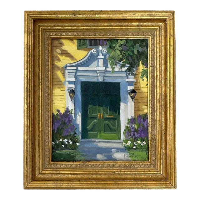 Original Line Tutwiler Oil Painting - Greek Revival Front Porch With Green Door | IdleHour