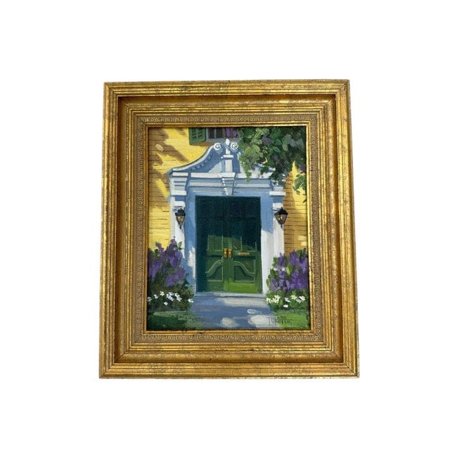 Original Line Tutwiler Oil Painting - Greek Revival Front Porch With Green Door | IdleHour