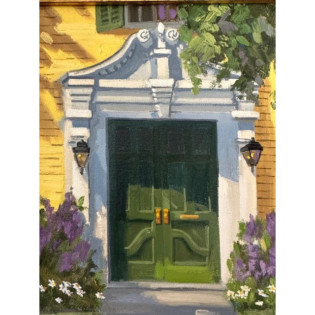 Original Line Tutwiler Oil Painting - Greek Revival Front Porch With Green Door | IdleHour