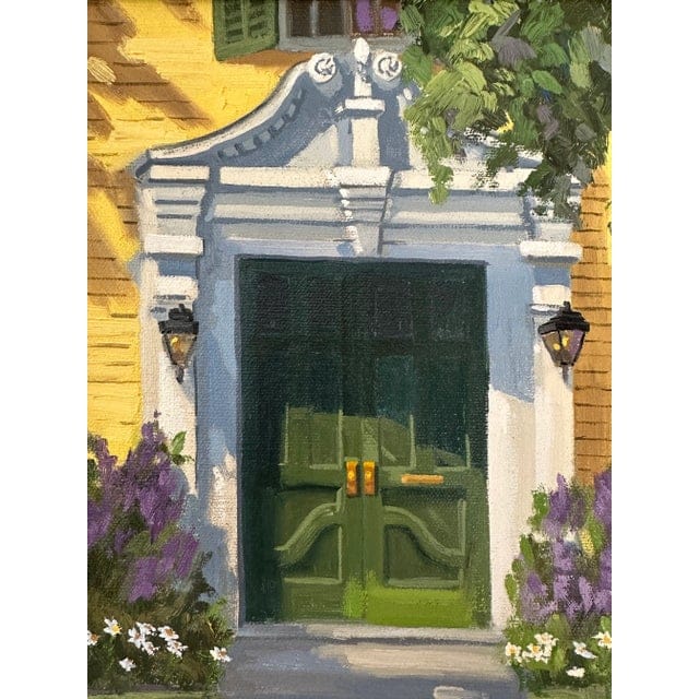 Original Line Tutwiler Oil Painting - Greek Revival Front Porch With Green Door | IdleHour