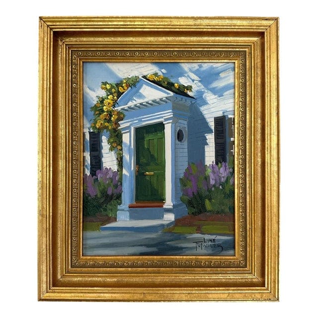 Original Line Tutwiler Oil Painting - Side Profile Greek Revival Porch With Green Door | IdleHour