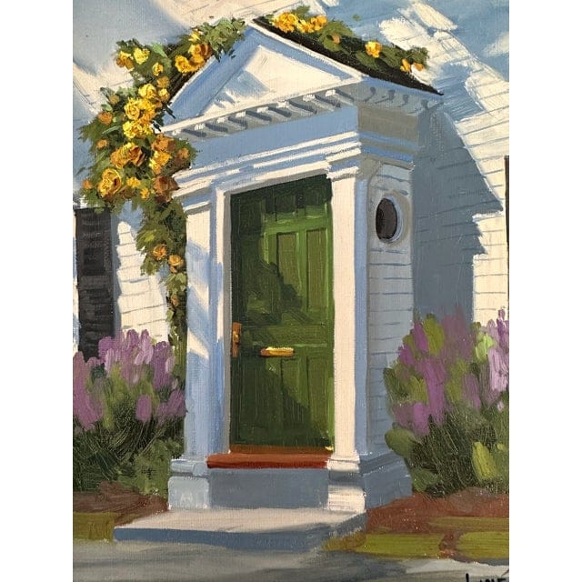 Original Line Tutwiler Oil Painting - Side Profile Greek Revival Porch With Green Door | IdleHour