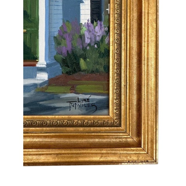 Original Line Tutwiler Oil Painting - Side Profile Greek Revival Porch With Green Door | IdleHour