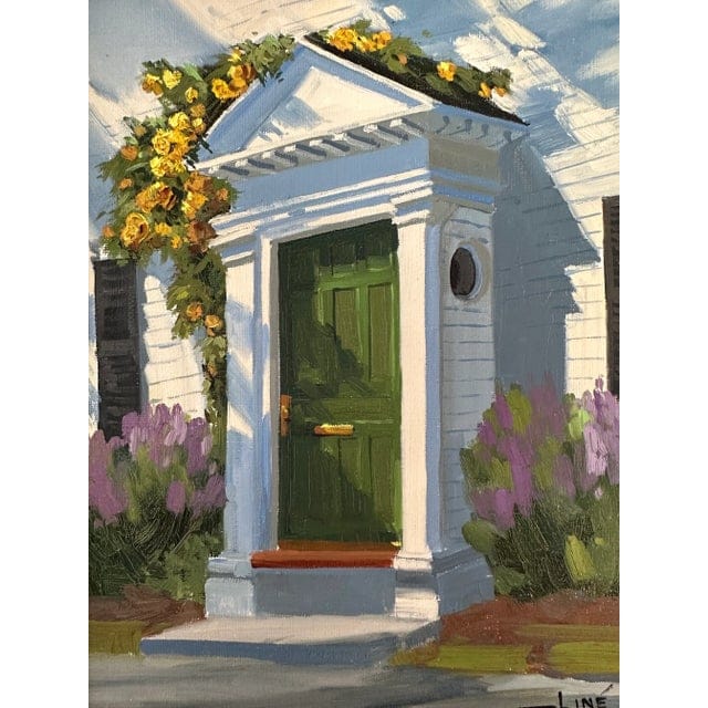 Original Line Tutwiler Oil Painting - Side Profile Greek Revival Porch With Green Door | IdleHour
