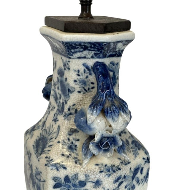 Pair of Antique Blue and White Floral Crackle-Glaze Vase Lamps With Floral Sculptural Handles | IdleHour