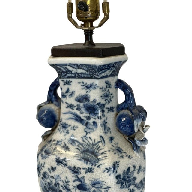 Pair of Antique Blue and White Floral Crackle-Glaze Vase Lamps With Floral Sculptural Handles | IdleHour