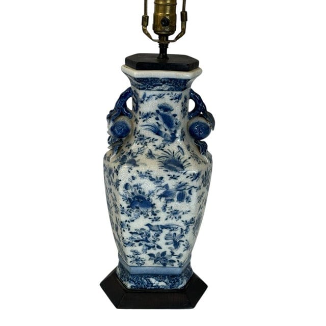 Pair of Antique Blue and White Floral Crackle-Glaze Vase Lamps With Floral Sculptural Handles | IdleHour