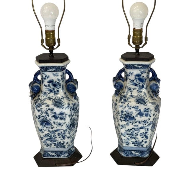 Pair of Antique Blue and White Floral Crackle-Glaze Vase Lamps With Floral Sculptural Handles | IdleHour