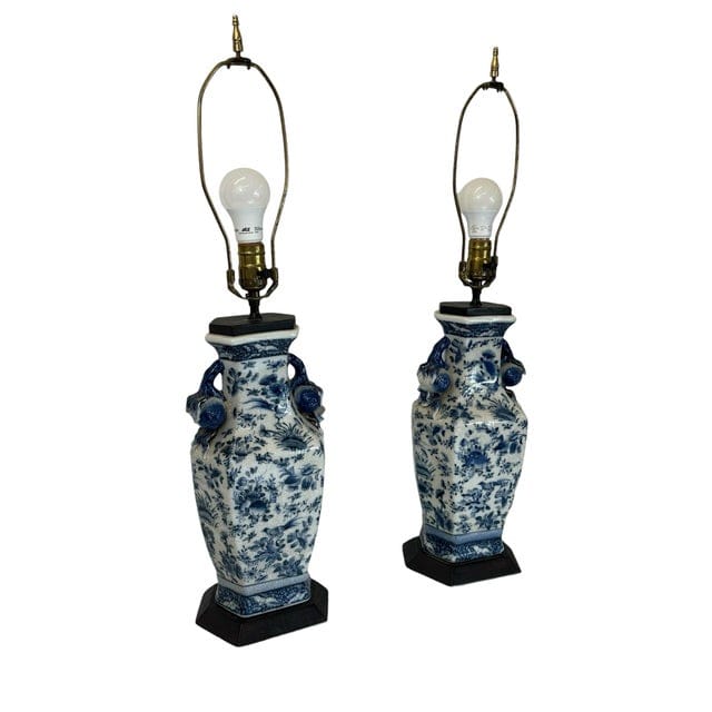 Pair of Antique Blue and White Floral Crackle-Glaze Vase Lamps With Floral Sculptural Handles | IdleHour