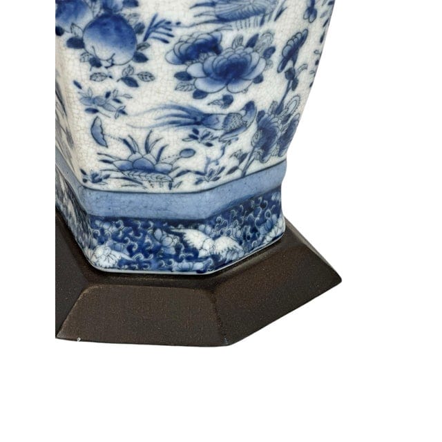 Pair of Antique Blue and White Floral Crackle-Glaze Vase Lamps With Floral Sculptural Handles | IdleHour