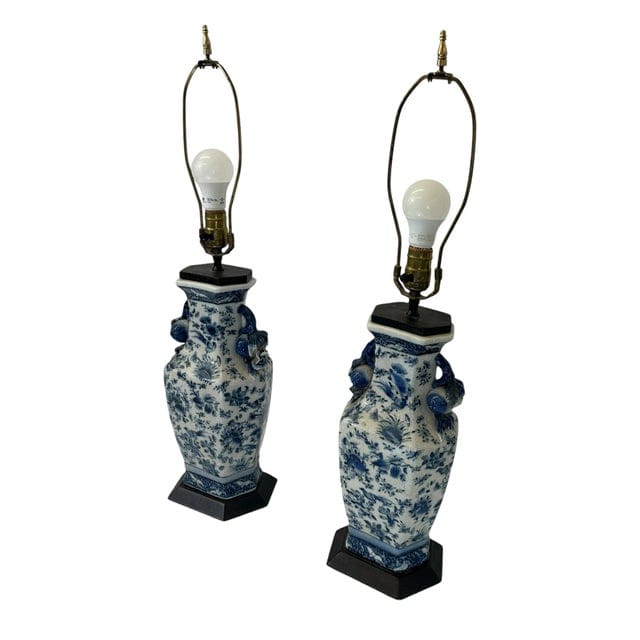 Pair of Antique Blue and White Floral Crackle-Glaze Vase Lamps With Floral Sculptural Handles | IdleHour