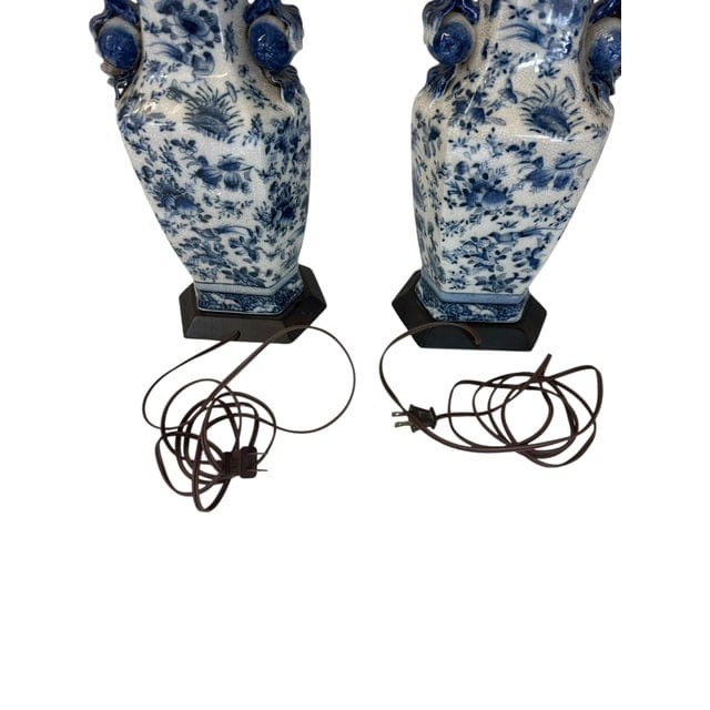 Pair of Antique Blue and White Floral Crackle-Glaze Vase Lamps With Floral Sculptural Handles | IdleHour