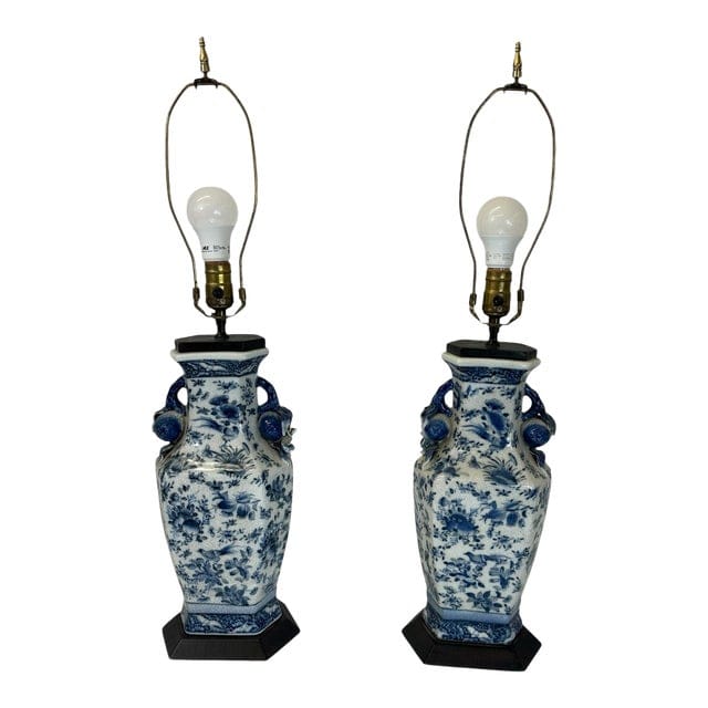 Pair of Antique Blue and White Floral Crackle-Glaze Vase Lamps With Floral Sculptural Handles | IdleHour