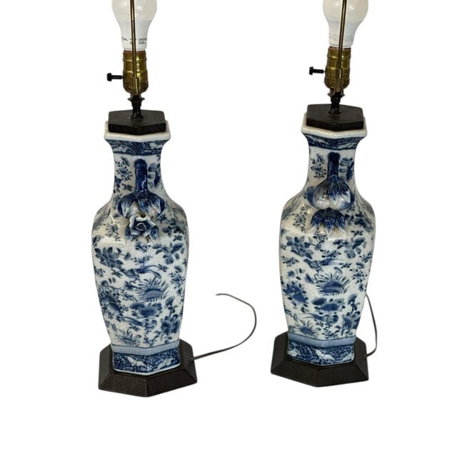 Pair of Antique Blue and White Floral Crackle-Glaze Vase Lamps With Floral Sculptural Handles | IdleHour