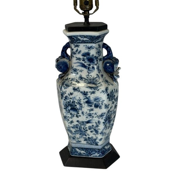 Pair of Antique Blue and White Floral Crackle-Glaze Vase Lamps With Floral Sculptural Handles | IdleHour