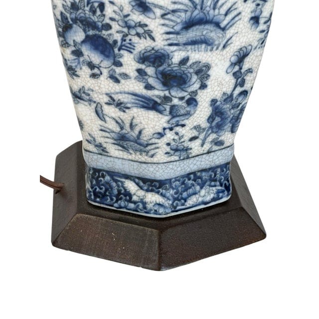 Pair of Antique Blue and White Floral Crackle-Glaze Vase Lamps With Floral Sculptural Handles | IdleHour