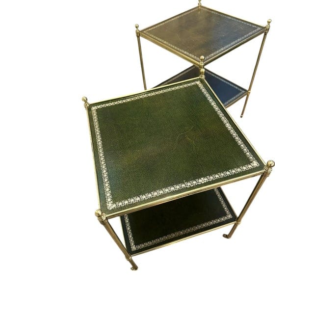 Pair of Brass and Green Leather Tooled Two-Tiered Side Tables | IdleHour