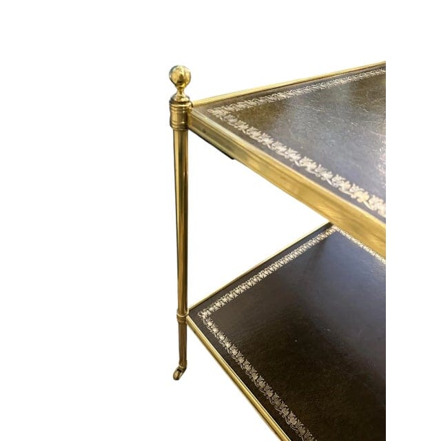 Pair of Brass and Green Leather Tooled Two-Tiered Side Tables | IdleHour