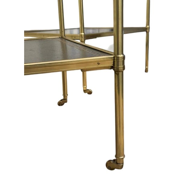 Pair of Brass and Green Leather Tooled Two-Tiered Side Tables | IdleHour