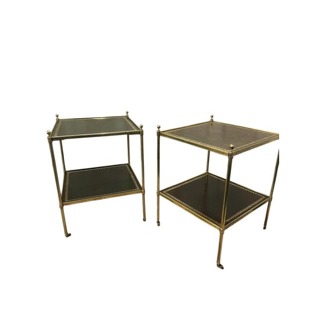 Pair of Brass and Green Leather Tooled Two-Tiered Side Tables | IdleHour
