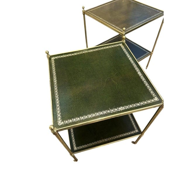 Pair of Brass and Green Leather Tooled Two-Tiered Side Tables | IdleHour