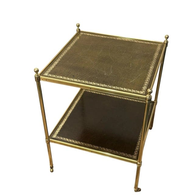 Pair of Brass and Green Leather Tooled Two-Tiered Side Tables | IdleHour