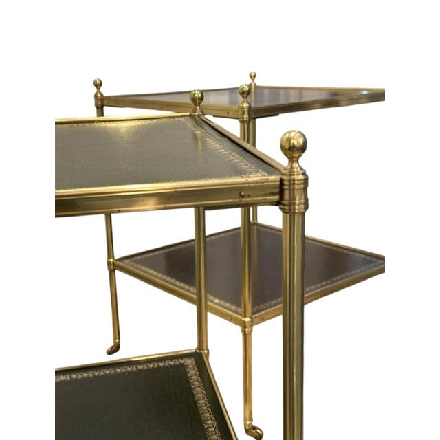 Pair of Brass and Green Leather Tooled Two-Tiered Side Tables | IdleHour