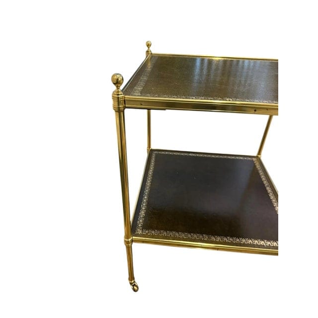 Pair of Brass and Green Leather Tooled Two-Tiered Side Tables | IdleHour