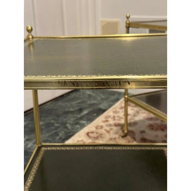 Pair of Brass and Green Leather Tooled Two-Tiered Side Tables | IdleHour