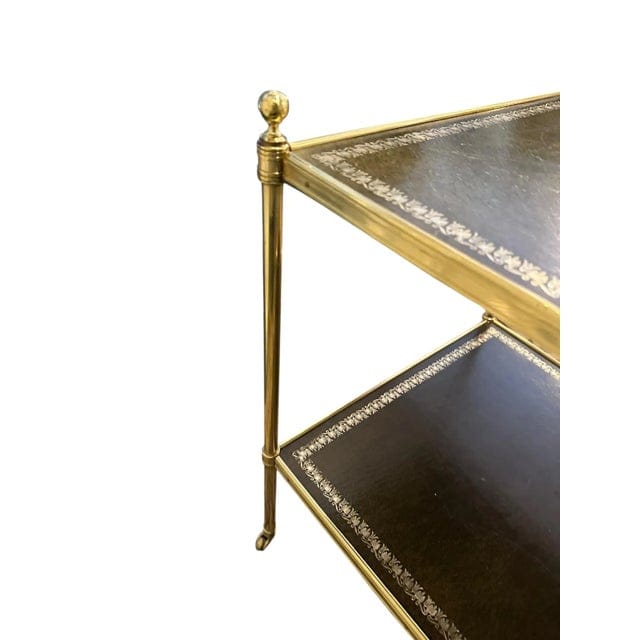 Pair of Brass and Green Leather Tooled Two-Tiered Side Tables | IdleHour