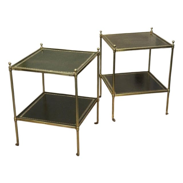 Pair of Brass and Green Leather Tooled Two-Tiered Side Tables | IdleHour