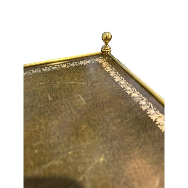 Pair of Brass and Green Leather Tooled Two-Tiered Side Tables | IdleHour
