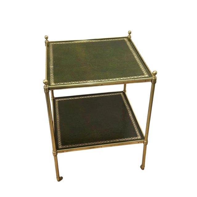 Pair of Brass and Green Leather Tooled Two-Tiered Side Tables | IdleHour