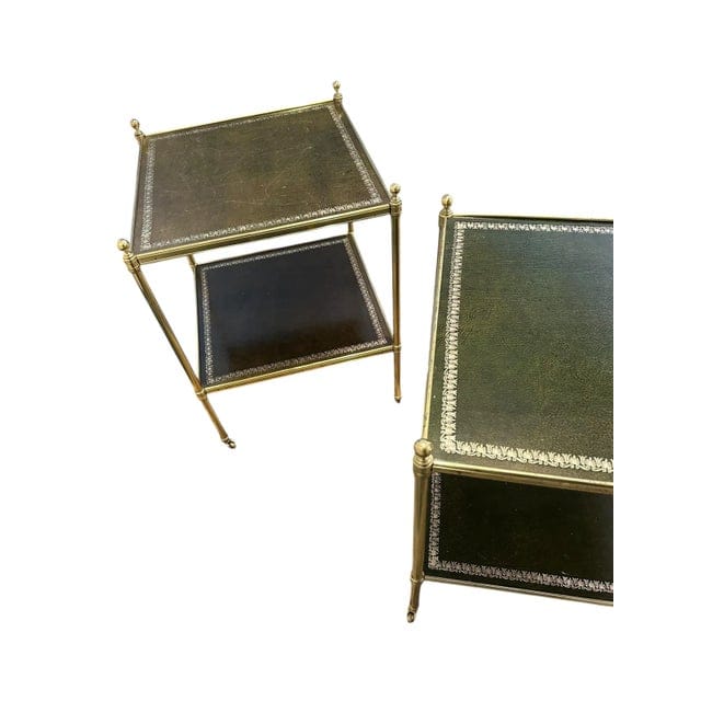 Pair of Brass and Green Leather Tooled Two-Tiered Side Tables | IdleHour