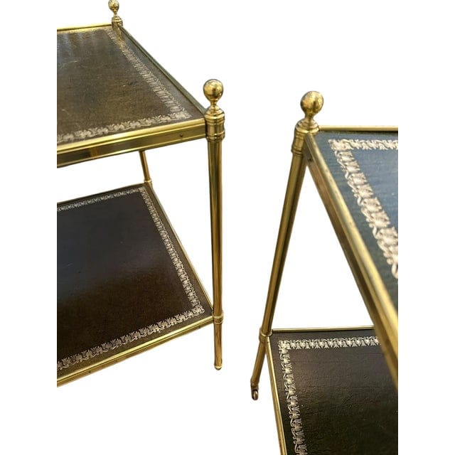 Pair of Brass and Green Leather Tooled Two-Tiered Side Tables | IdleHour