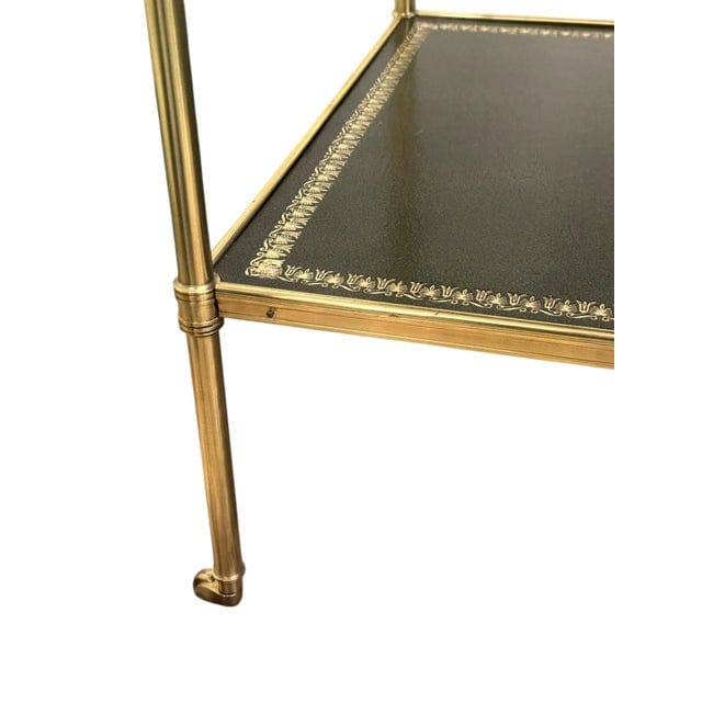 Pair of Brass and Green Leather Tooled Two-Tiered Side Tables | IdleHour
