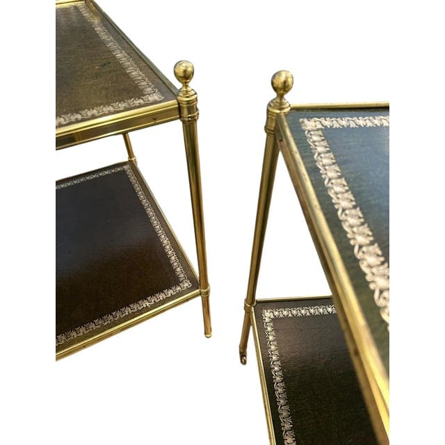 Pair of Brass and Green Leather Tooled Two-Tiered Side Tables | IdleHour