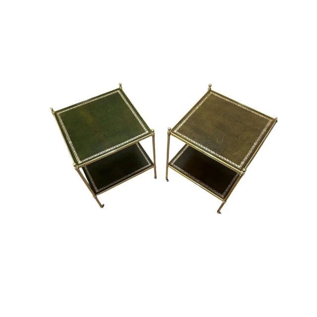 Pair of Brass and Green Leather Tooled Two-Tiered Side Tables | IdleHour