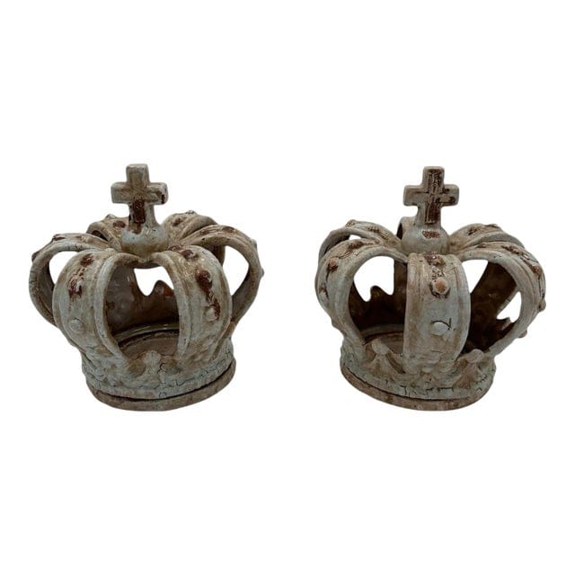 Pair of Cracked Glaze Crown Sculptures/Candle Holders | IdleHour