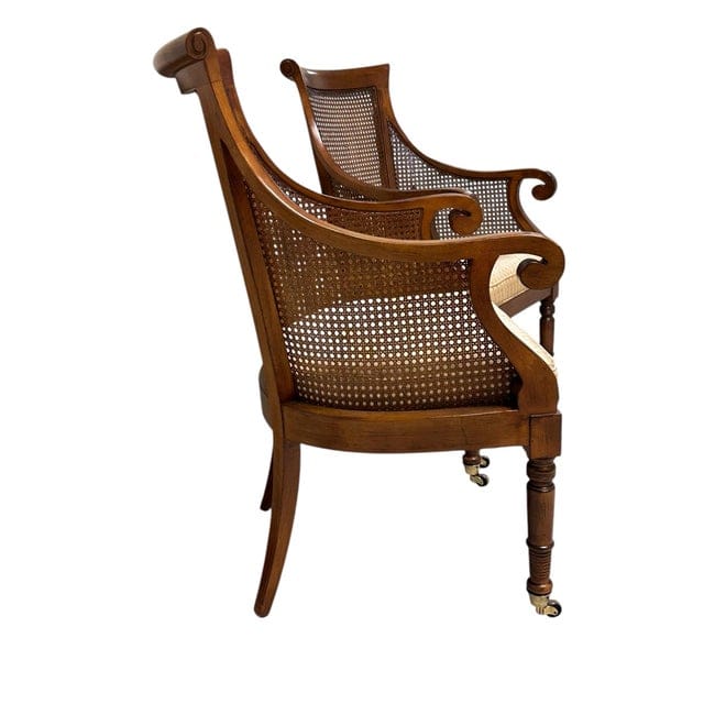 Pair of Early Mid-Century Regency Caned Library Chairs With Quilted Tufted Upholstery | IdleHour