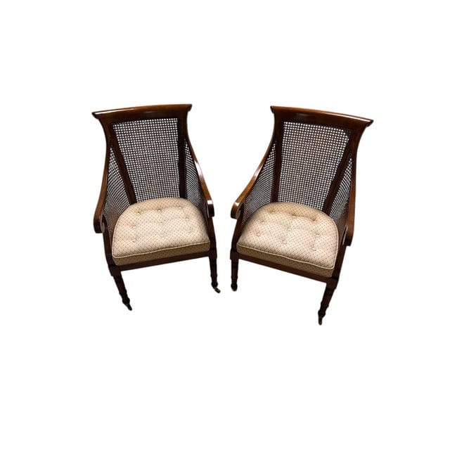 Pair of Early Mid-Century Regency Caned Library Chairs With Quilted Tufted Upholstery | IdleHour