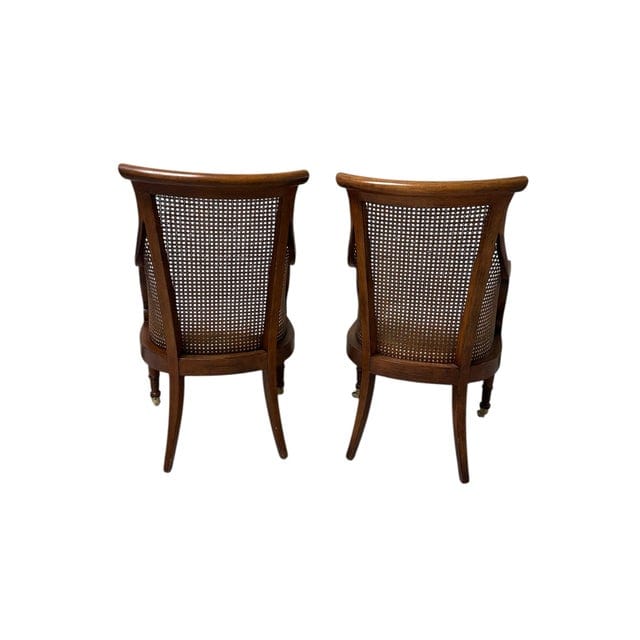 Pair of Early Mid-Century Regency Caned Library Chairs With Quilted Tufted Upholstery | IdleHour