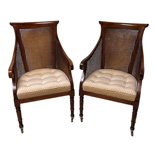 Pair of Early Mid-Century Regency Caned Library Chairs With Quilted Tufted Upholstery | IdleHour